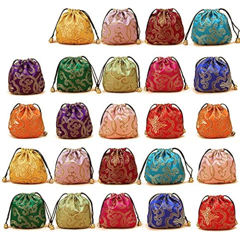 Elesa Miracle 24pcs Silk Brocade Jewelry Pouch Bag, Drawstring Coin Purse, Gift Bag Value Set Cover