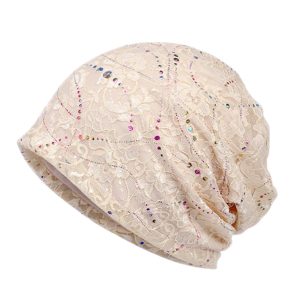 Tinayaue Women's Beige Lace Slouchy Beanies For Soft Cotton Turban Hat Breathable Chemo Hat Night Sleep Cap Stylish Headwear Skull Cap