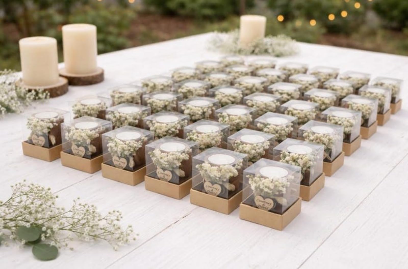 Personalisierte Kerzen, Hochzeitsgeschenke für Gäste, rustikales Holz-Teelichthalter-Set mit Namen und Datum, Dankeschön, Babyparty/Brautparty, Gastgeschenke für Gäste (50 Stück)