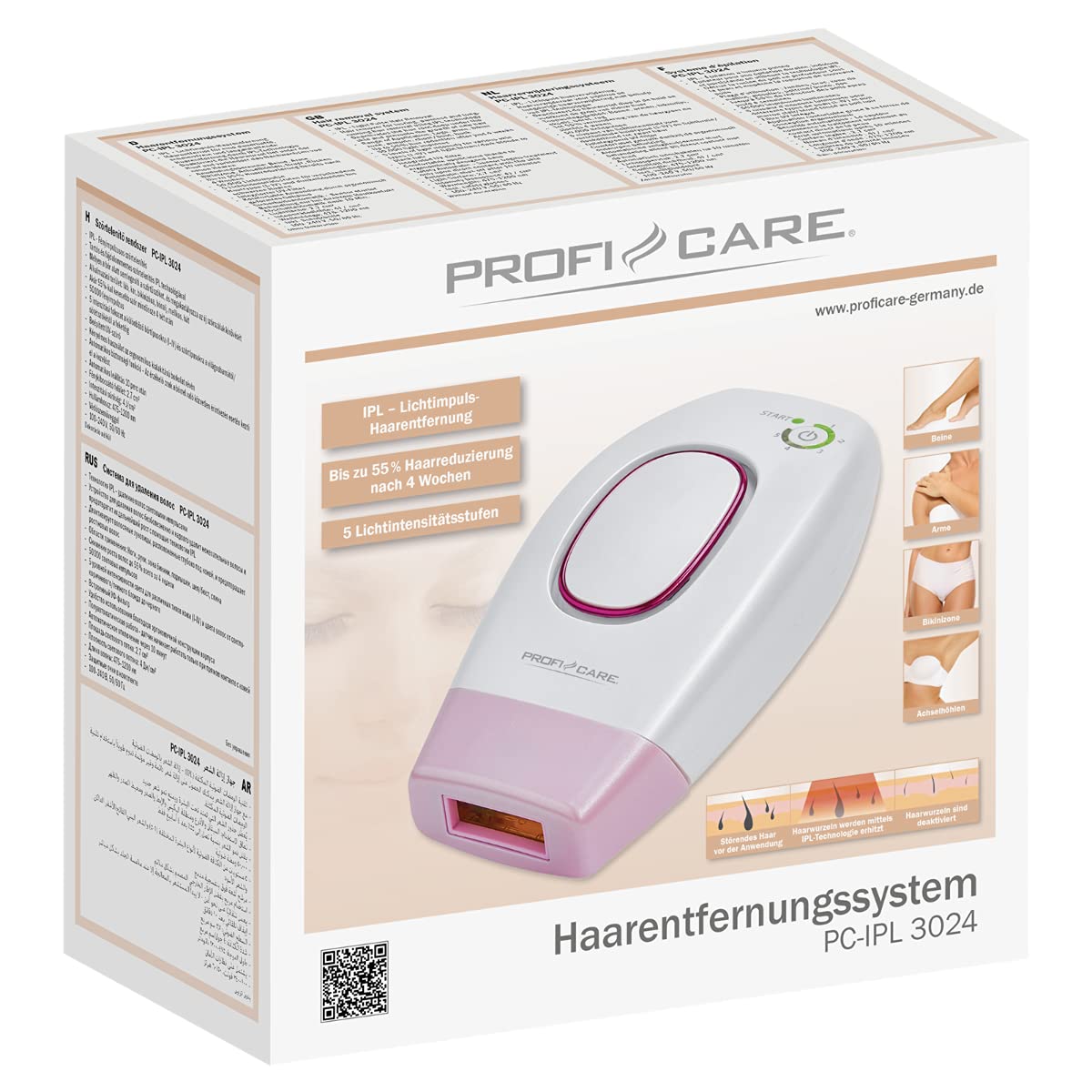 ProfiCare PC-IPL 3024 - Sistema di depilazione IPL, 5 livelli di intensità luminosa per diversi tipi di pelle, filtro UV integrato, spegnimento automatico, occhiali di protezione inclusi, 330240