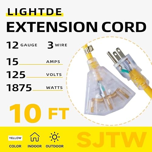 Miniatura 20 de Cable de extensión iluminado para exteriores de 25 pies con 3 tomas de corriente eléctrica, cable de extensión amarillo resistente SJTW 12/3