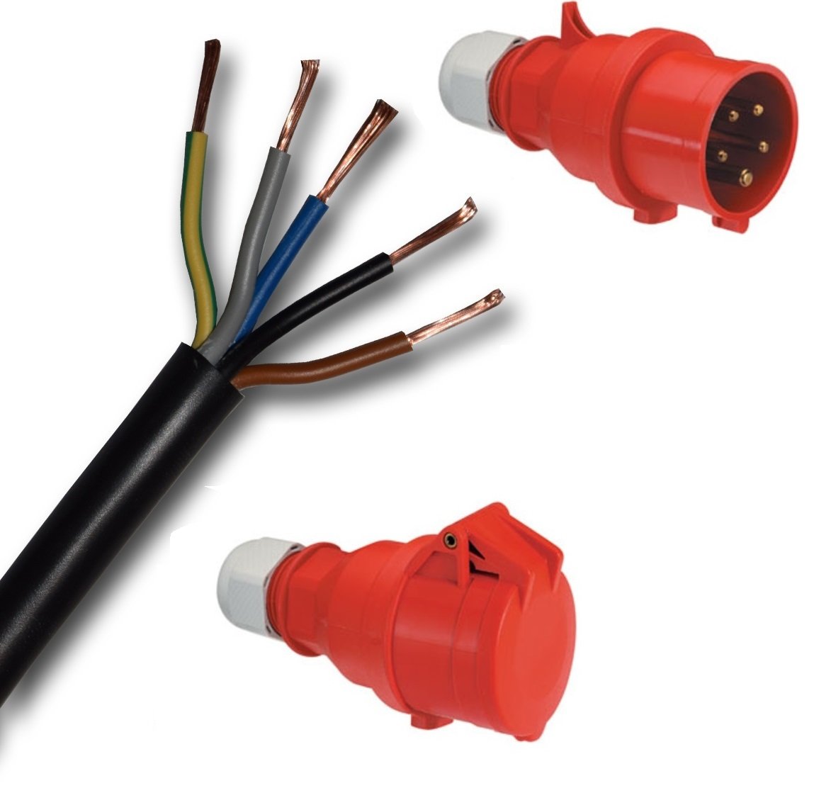 Cable alargador de goma individual H07RN-F 5G2,5 mm² (negro) 5 x 2,5 mm² CEE macho + hembra/hembra (rojo) de 5 pines (3P + N + PE) 400 V/32 A/IP44 hasta 150 M