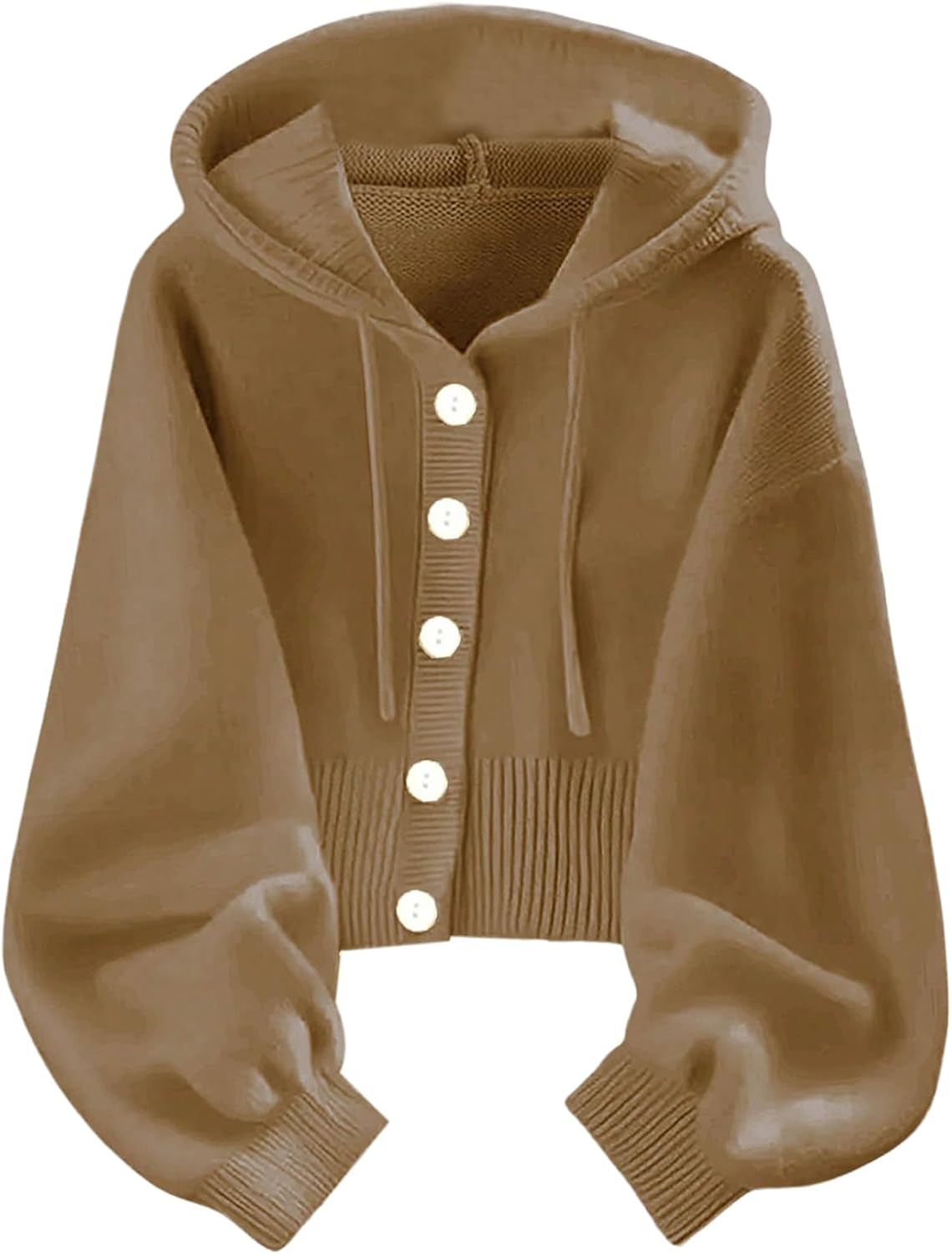 Verdusa Women's Button Up Hooded Cardigan Sweaters Lantern Sleeve Knit Outerwear Fall Outfits