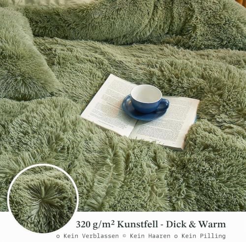 Michorinee Flauschige Plüsch Bettwäsche 155x220 Winter Bettbezug Salbeigrün – Ansicht 3