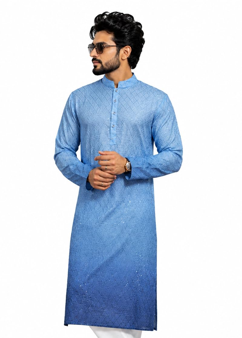 vardha Men's Cotton Chikankari Embroidered and Sequence Full Sleeve Knee Length Casual Kurta for All Occations Like Wedding, Office & Events (MK34_MK39)-picture-13