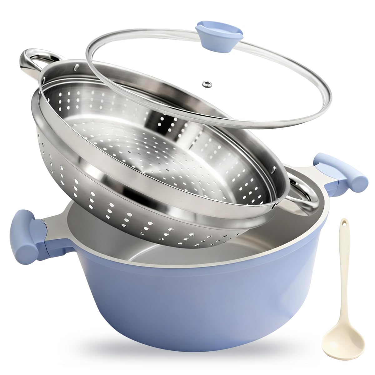 Kochtopf 28cm mit Dampfkorb, 7L Keramik-Dampfkochtopf mit Deckel- Blau