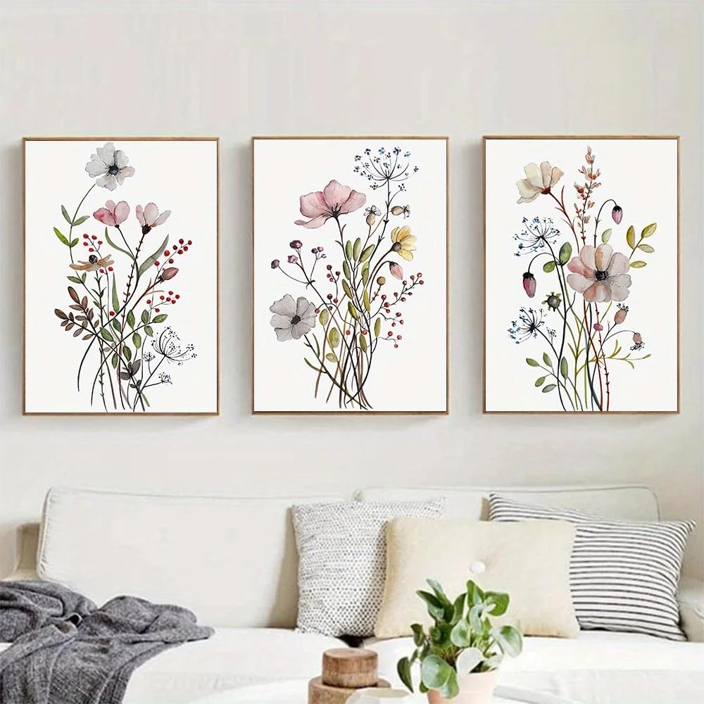 WBYZAC Art Prints-Abstract Watercolor Flower Posters Wildflower Art Print Nordic Botanical Canvas Wall Art Painting Living Room Kitchen Bedroon Decoration-50 * 60cm*3PCS (No Frame)
