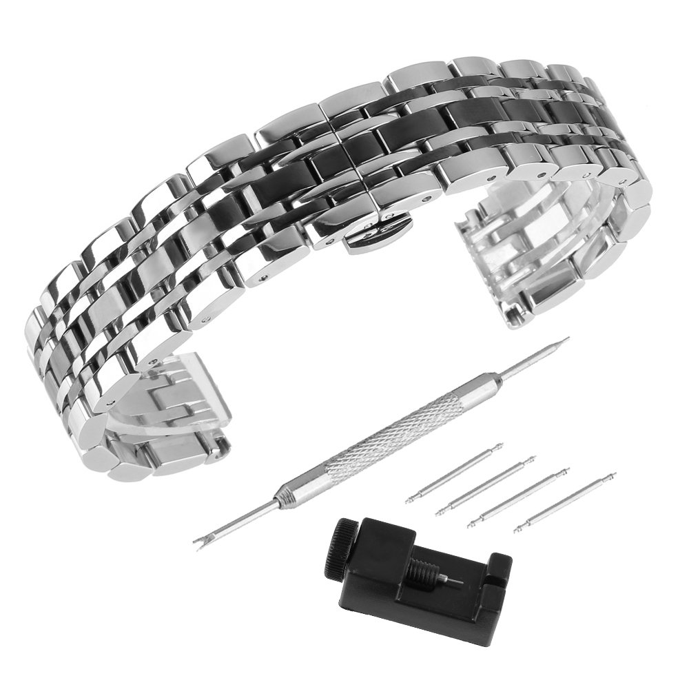 Bewish 2 Tone Stainless Steel Watch Band Straight End Anti-Allergy with Double Button Clasp Length 7.28" Silver