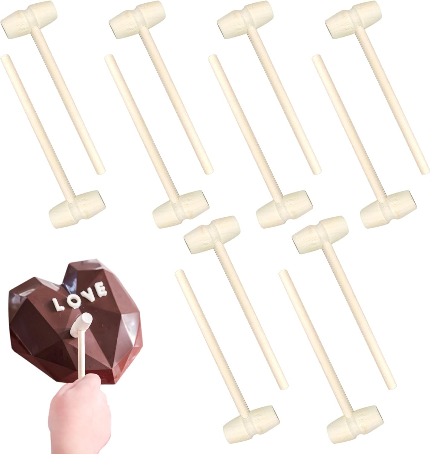 12Pcs Mini Wooden Hammers for Chocolate, Small Wooden Mallets for Breakable Heart, Seafood Shellfish Crab Lobster Cracking Tool, Natural Wood Mallet for Valentine's Day & Easter Party Gift