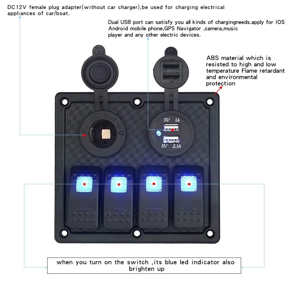Acouto 4 Gang Rocker Switch Panel 12V 24V IP65 Rocker Toggle Switch Panel with Lighter Socket 2 USB for Boat Yacht Marine Car Trailer Truck RV