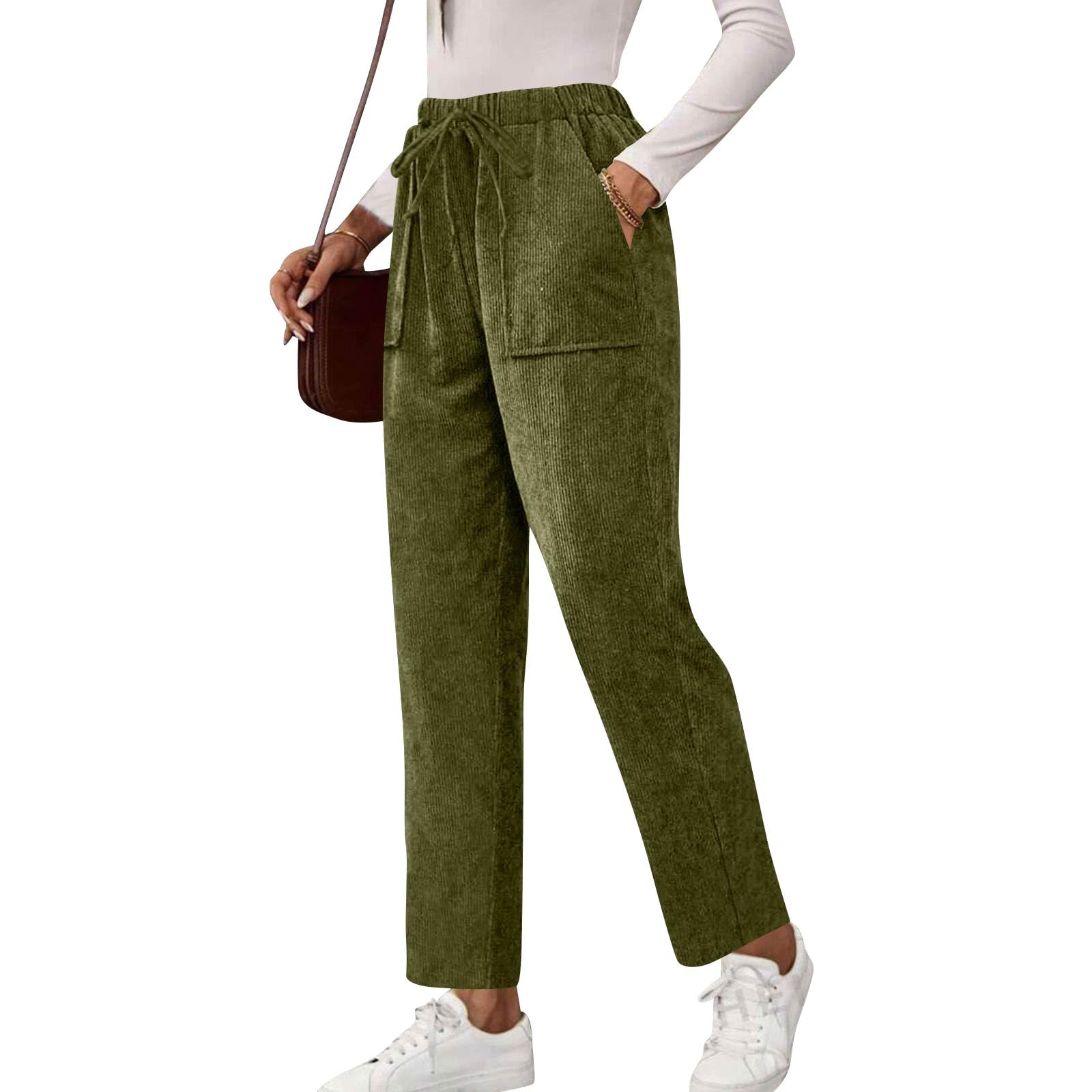 Womens Corduroy Pants Comfy Pull On Pants Straight Leg Drawstring Pant with Pockets Elastic High Waisted Slacks Trousers