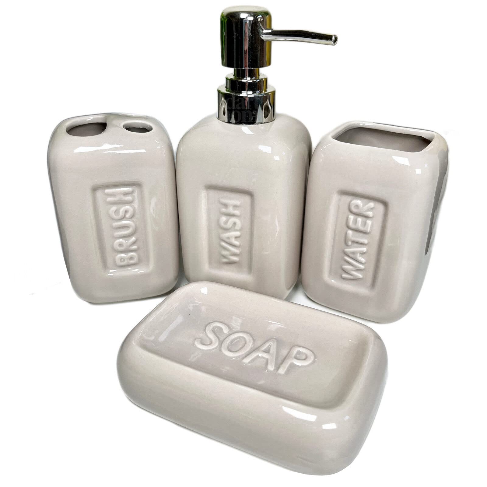 4pc Stadium Bathroom Accessory Set White Navy Stone Green Ceramic Dispenser Dish Tumbler (Stone)