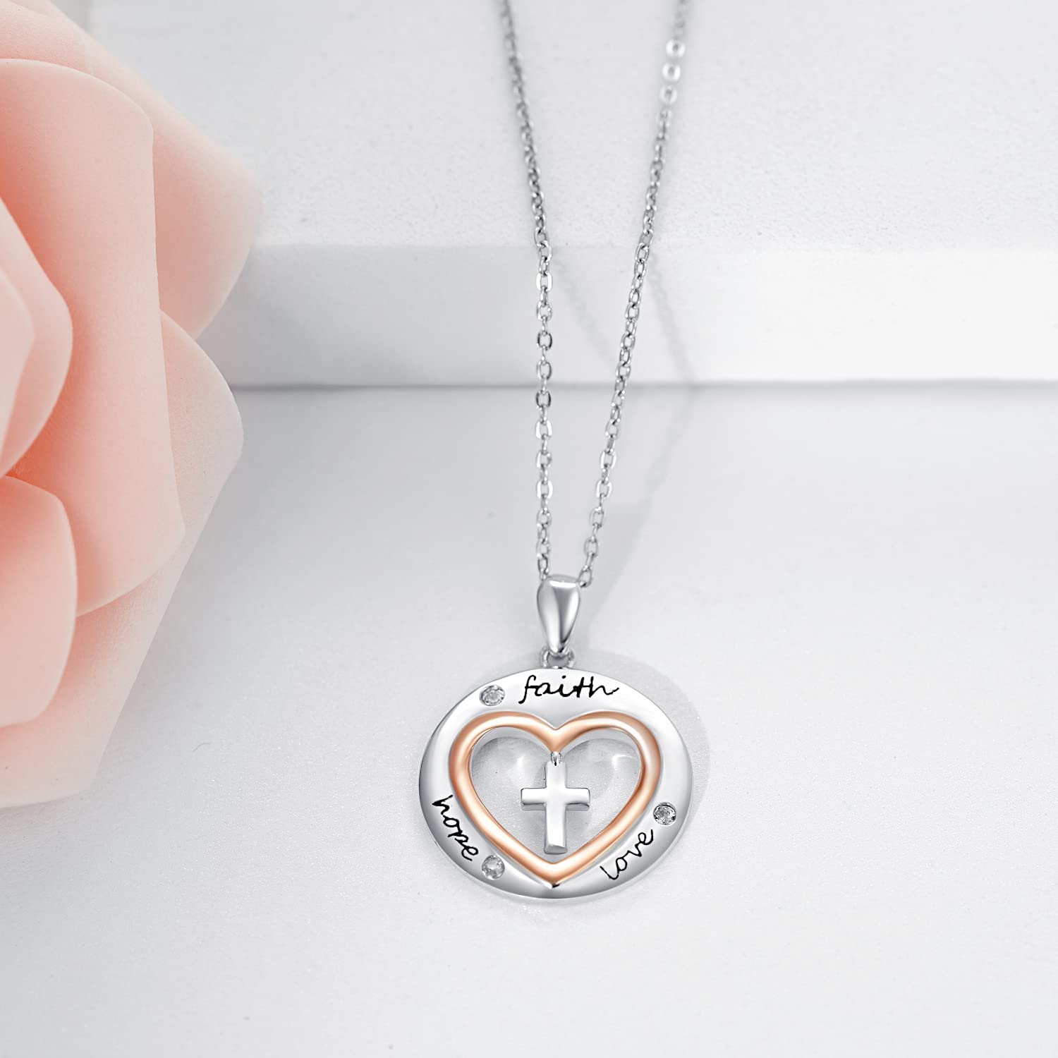 PRAYMOS Collar de cruz de plata de ley 925 con colgante de corazón de cumpleaños para hombre y mujer, collar de joyería fina, regalos para mujeres, niñas, fe, esperanza, amor