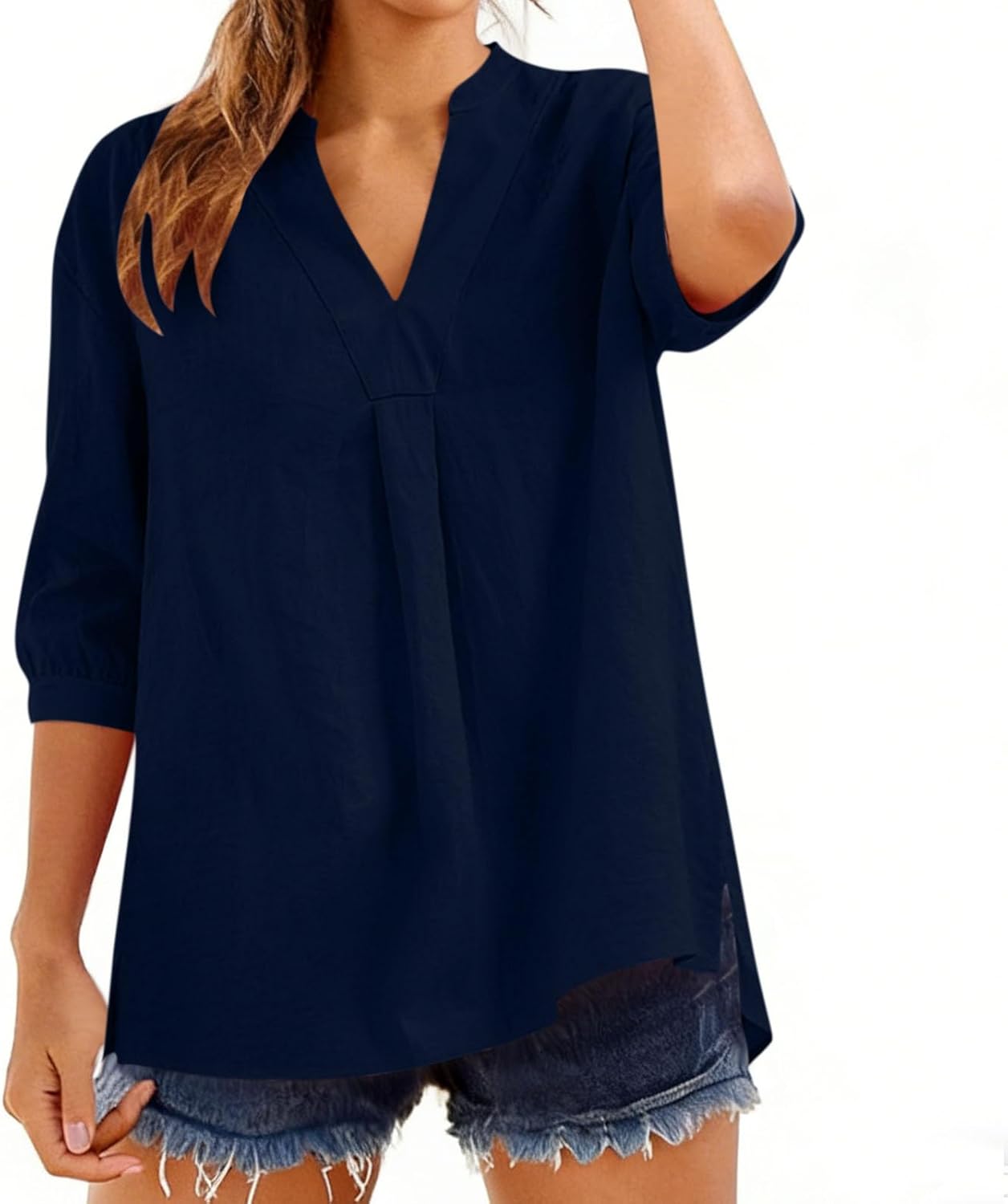 Linen Tops for Women 3/4 Sleeve v Neck Cotton Shirts Casual Loose Fit Boho Blouses sring Summer Fashion Tunic Tops