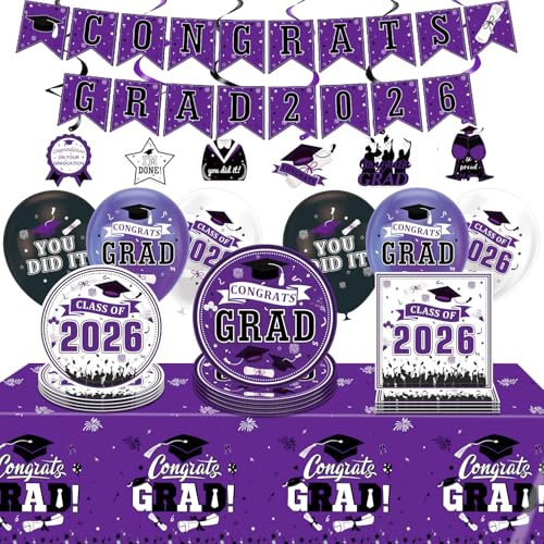 Fournitures de fête de félicitations violettes 2026 pour buffet de diplôme réussi