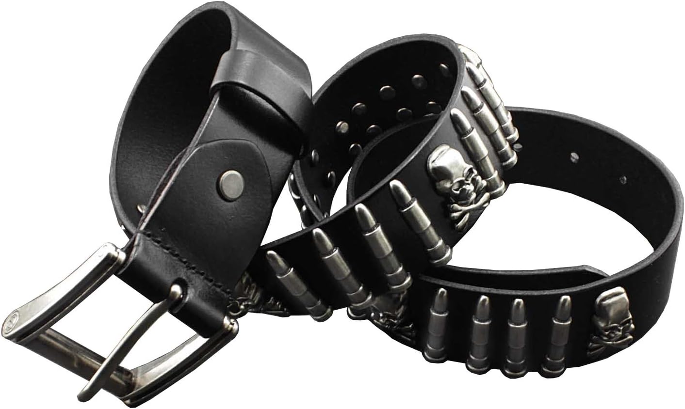 punkman2000 Cool Mens Bullet Skull Stud Punk Rock Biker Real Leather Belt Waistband - Image 2