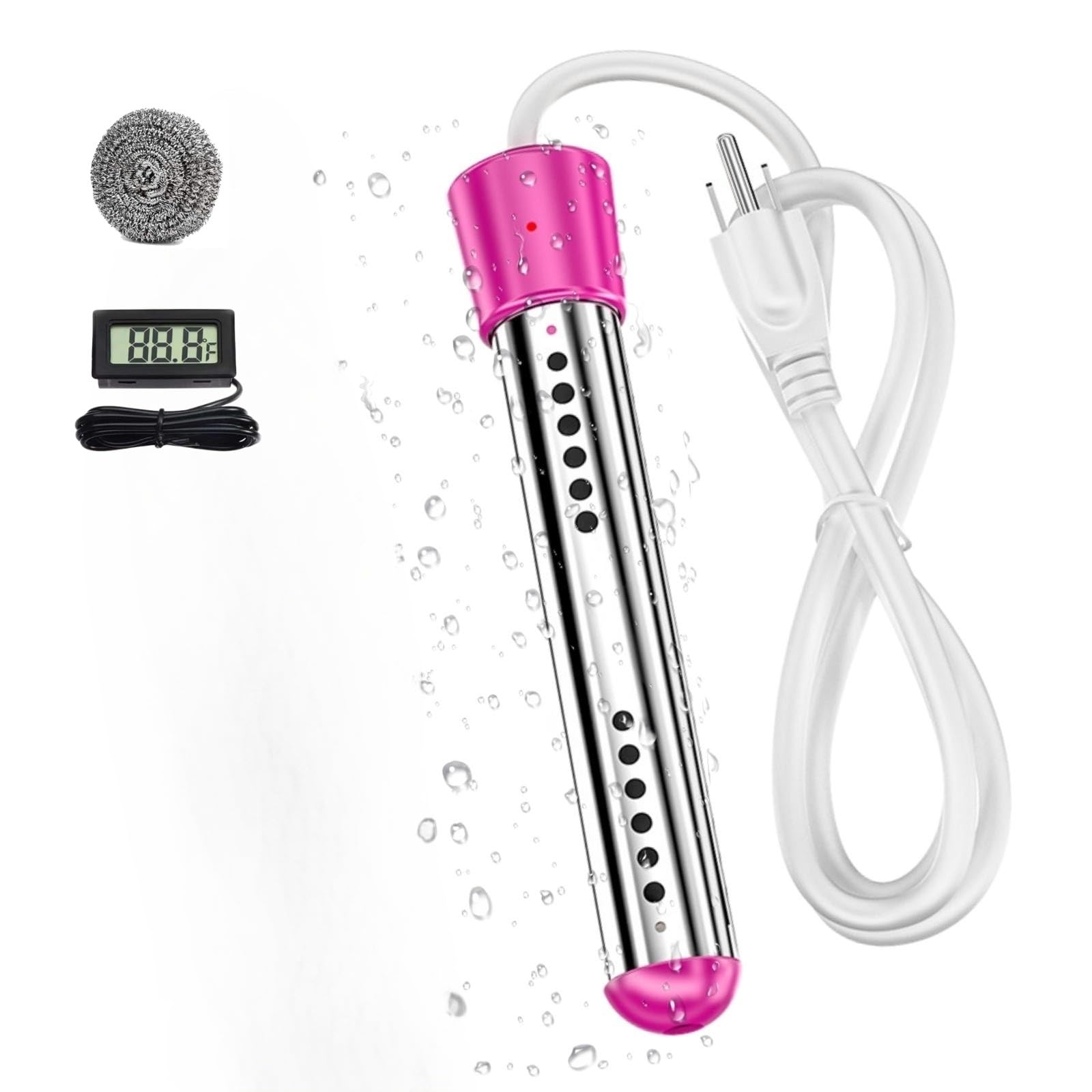 Immersion Water Heater, Electric Immersion Water Heater with Digital LCD Thermometer, Stainless Steel Guard Anti-scalding Submersible Water Heater for Bathtub Hot Tub Pool (Pink)