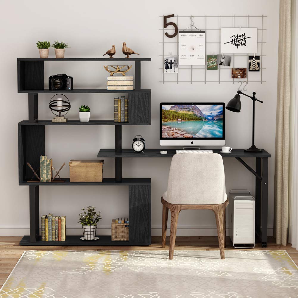 Tribesigns Rotating Computer Desk with 5 Shelves Bookshelf, Modern L