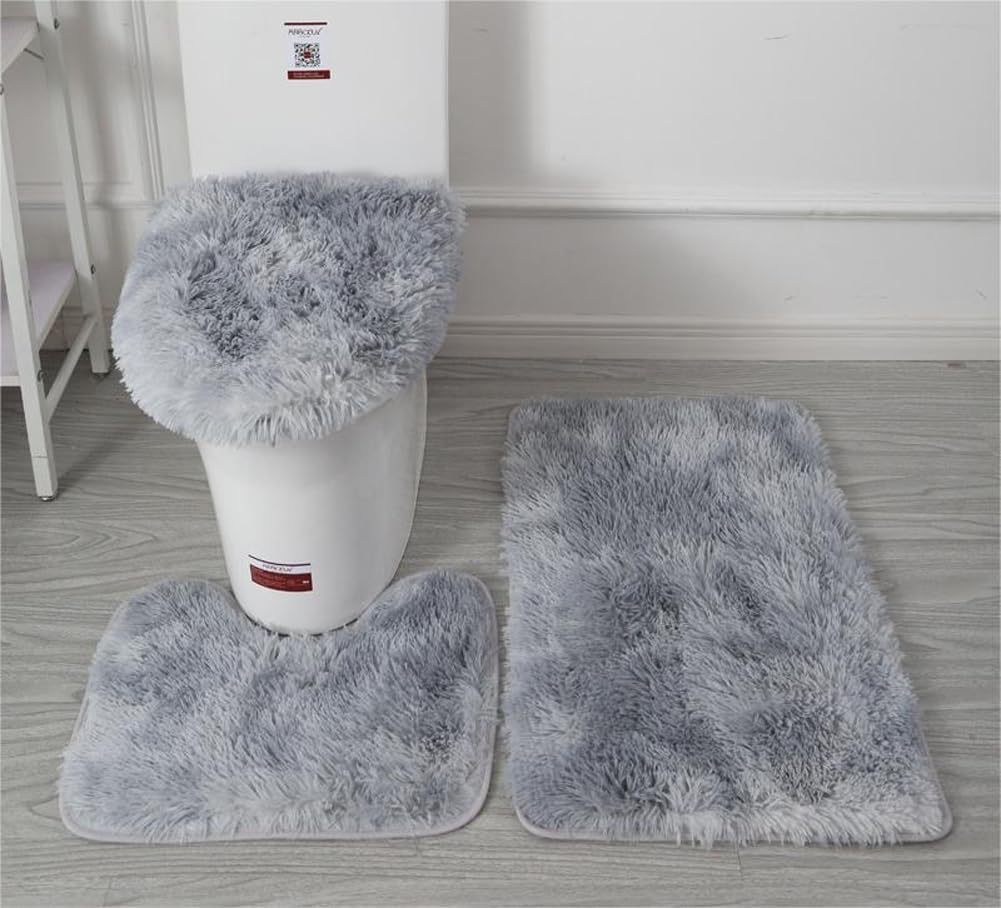 Washable Toilet Mat,Toilet Bath Mat,Soft Microfiber Bathroom Rugs Sets 3 Piece,Non-Slip Bath Mat Fluffy Plush Toilet Seat Cover For Bathroom,Water Absorbent Bathmat,Machine Washable (Light grey)