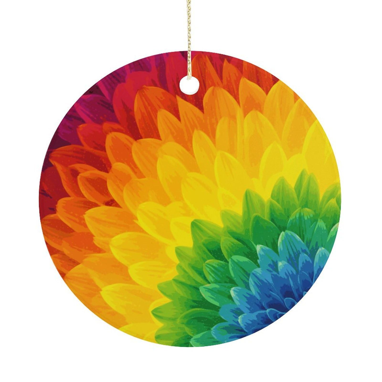 Sunflower Rainbow Christmas Ornaments Colorful Round Ceramic Ornament Christmas Hanging Decor Christmas Tree Decorations Xmas Keepsake for Women Men Xmas Holiday Party