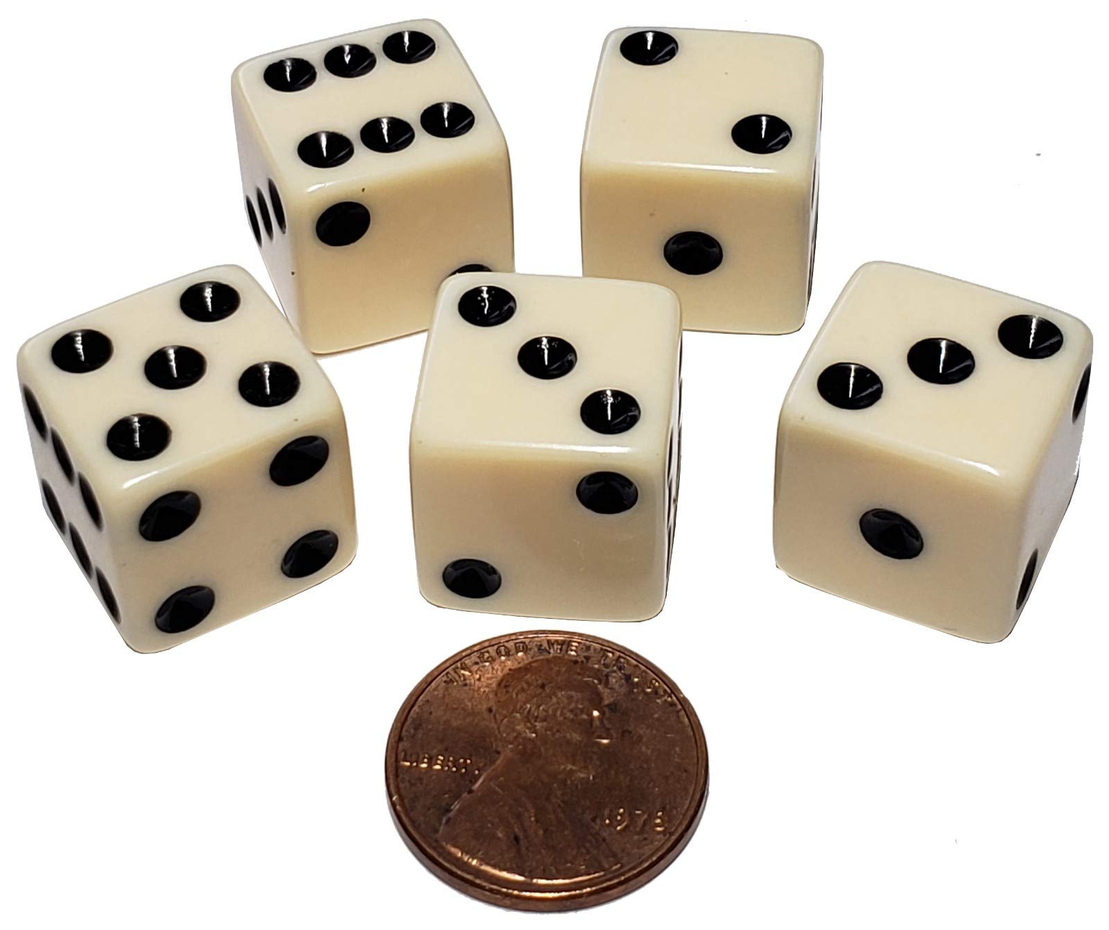 Set of 16mm Poker Dice and Black PU Leather Red Velvet Lined Dice Cup with Storage Compartment (Gift Boxed) (Pip/Dot Dice (Squared Corners) - Ivory)