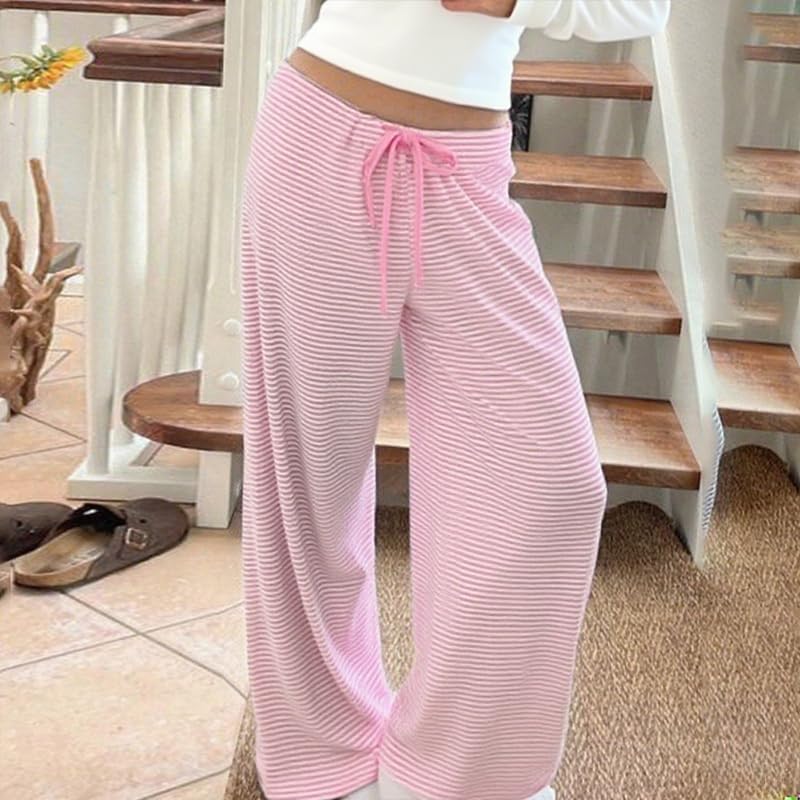Womens Striped Pants, Low Waist Wide Leg Pajamas Lounge Pants - Image 3