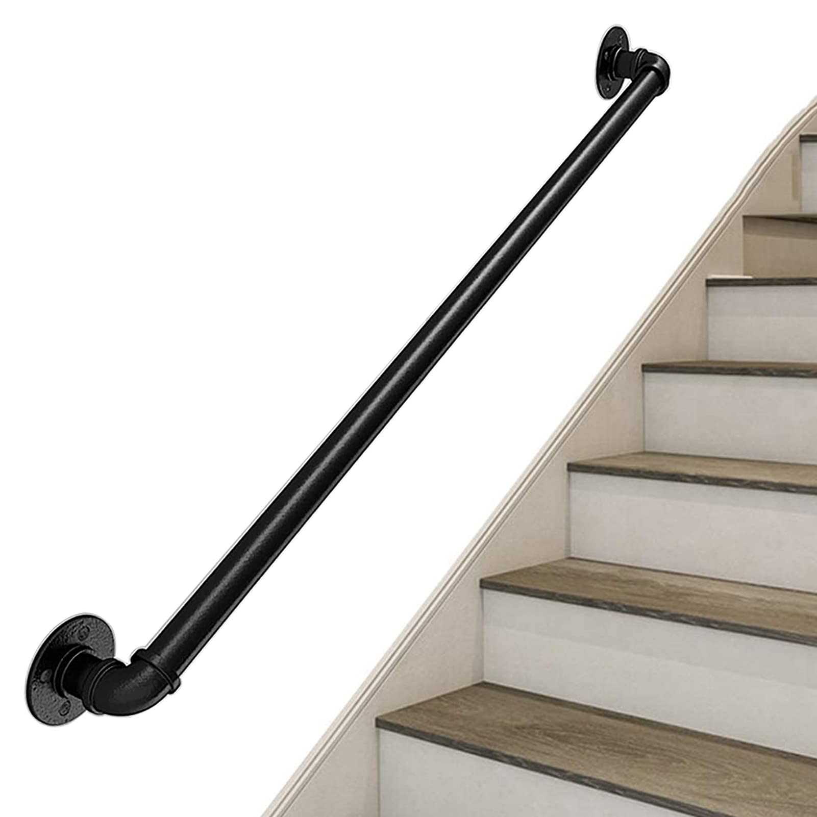 Main courante pour escalier intérieur en fer forgé noir industriel avec barre de support
