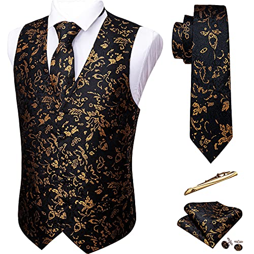 Barry.Wang Mens Paisley V-neck Suit Vest Formal/Leisure Silk Jacquard Waistcoat Tie Set 5PCS