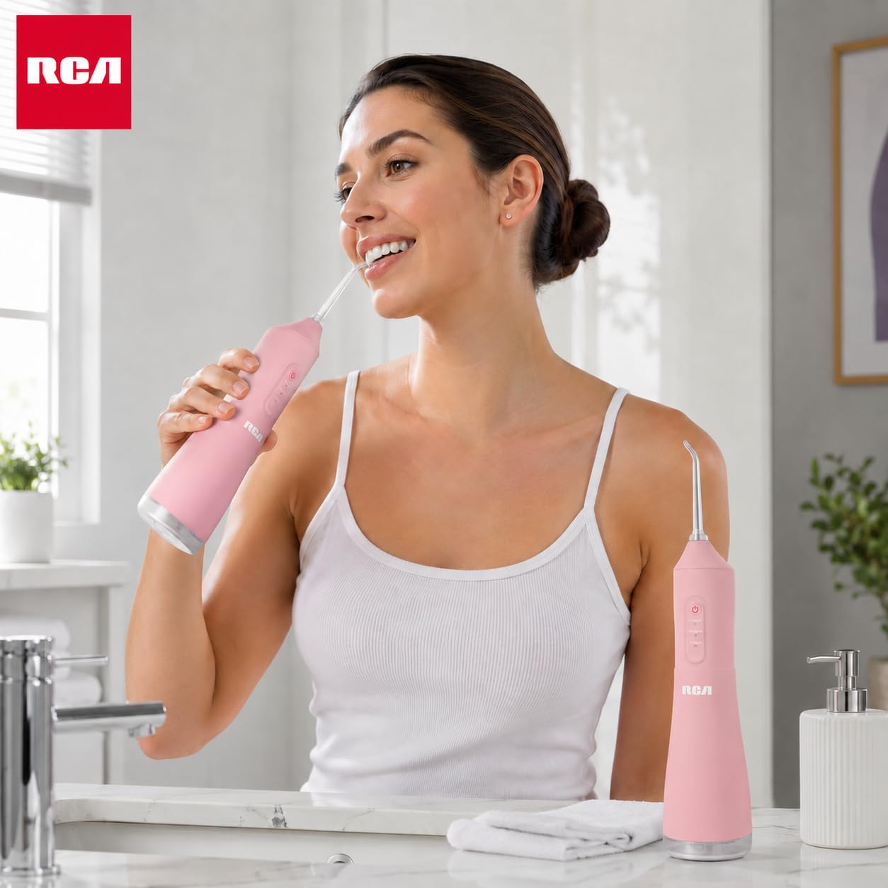 RCA Idropulsore portatile ricaricabile senza fili, filo interdentale elettrico per denti con ugello rotante a 360°, 3 modalità di pressione, serbatoio dell'acqua da 330 ml, filo interdentale