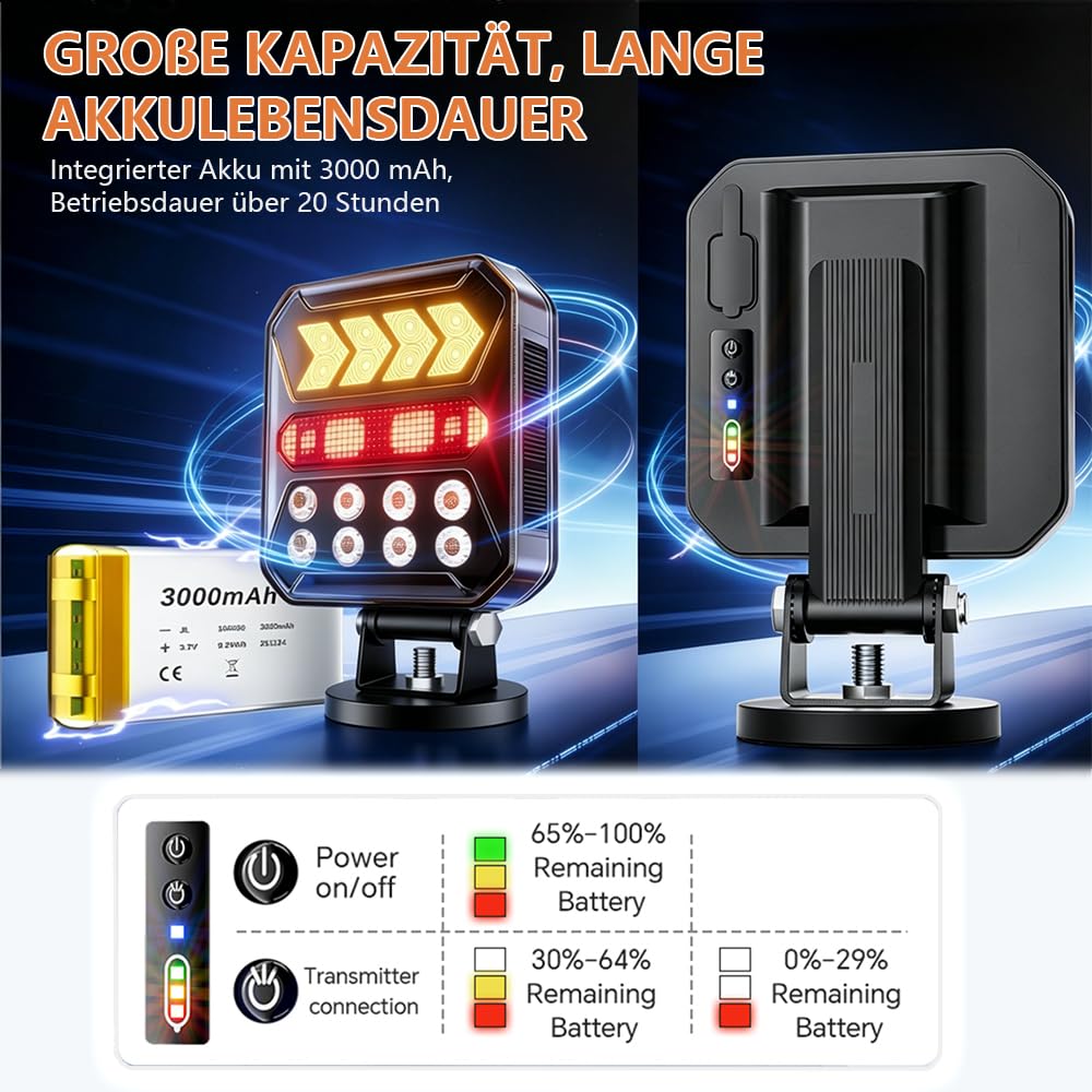 12/24V Solar kabellose magnetische LED Anhänger Rückleuchten Set, Bluetooth, 7-pol Stecker & USB-C, IPX6 wasserdichte Heckleuchten mit Doppelstahlseilen, für Anhänger LKW Wohnwagen Traktor | 7-poliger Stecker & USB-C, IPX6 wasserdichte LED-Rücklichter mit