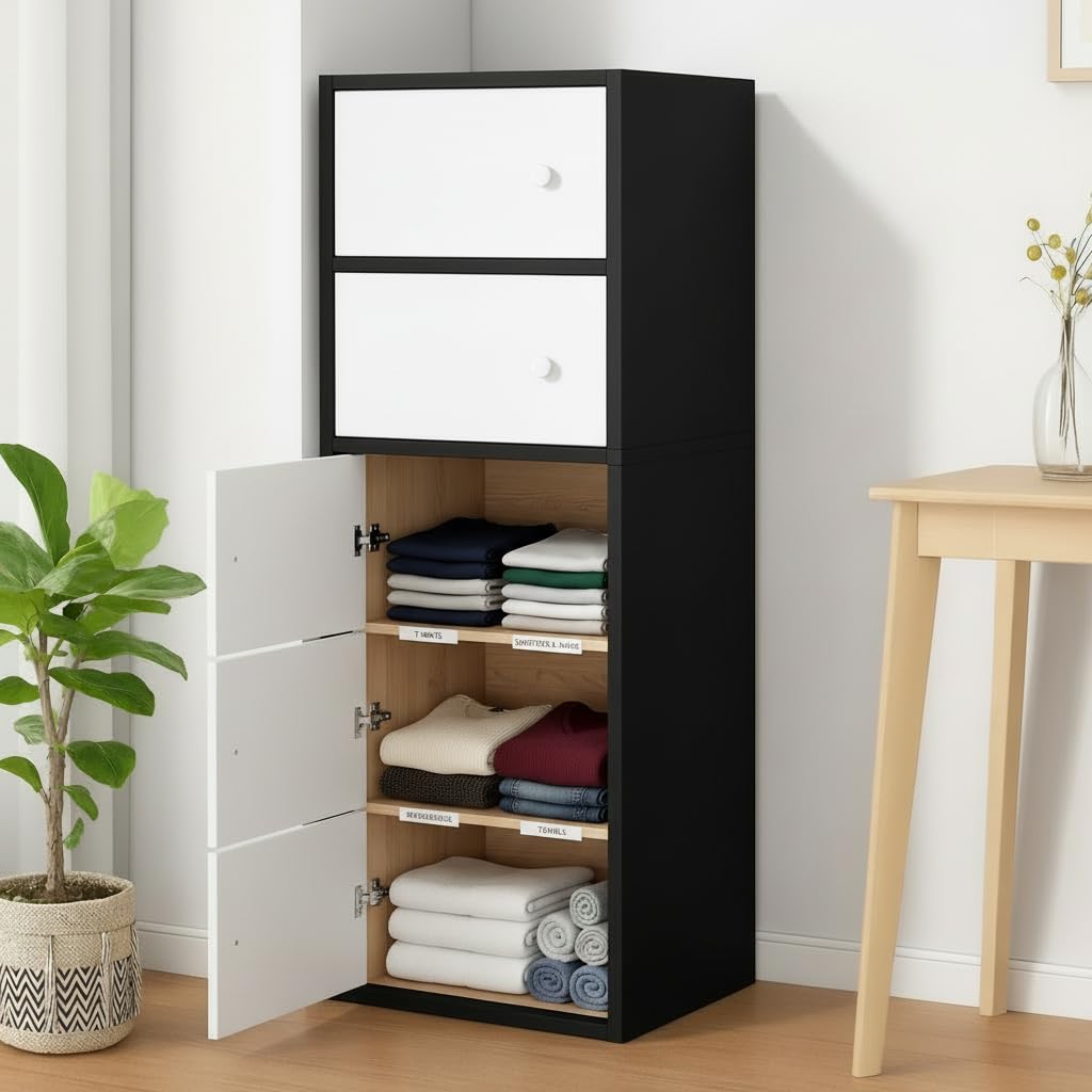 EXVITO Engineered Wood Wardrobe for Bedroom | Foldable 5-Shelf Wooden Storage Cabinet | Cupboard Almirah for Clothes | Collapsible Wardrobe | Space Saving Wooden Cabinet - Black discount deal