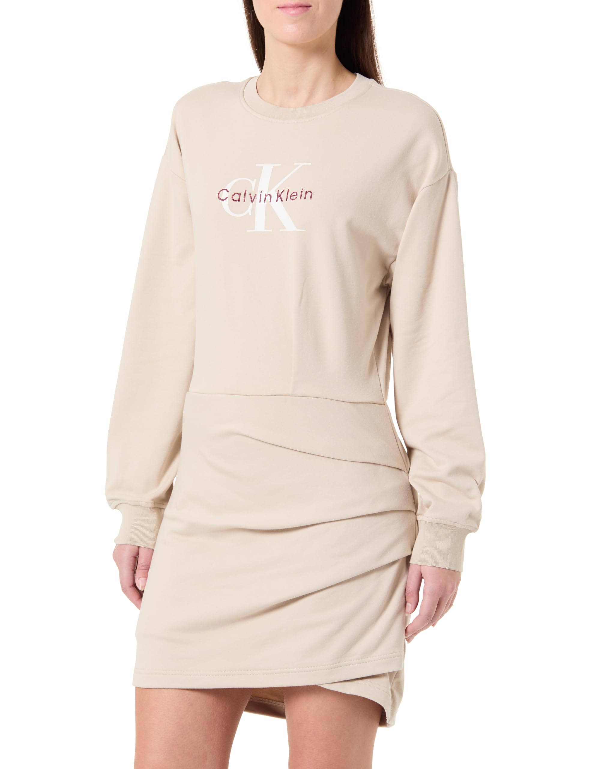 Calvin Klein Women's LS MONOLOGO Terry Crew Fashion D LV047E224G Dresses, Brown (Silvermoss), L