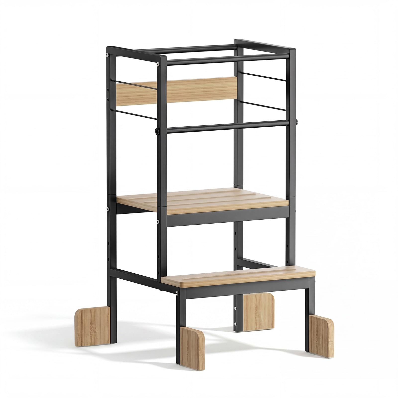 COSYLAND Lernturm ab 1 Jahr Montessori Learning Tower Stahl Stabil, Schwarz | Stabiler Toddler Tower mit 4 Stützfüßen & Rutschschutz. 3-fach höhenverstellbar für Kinder ab 2 Jahren in Küche.