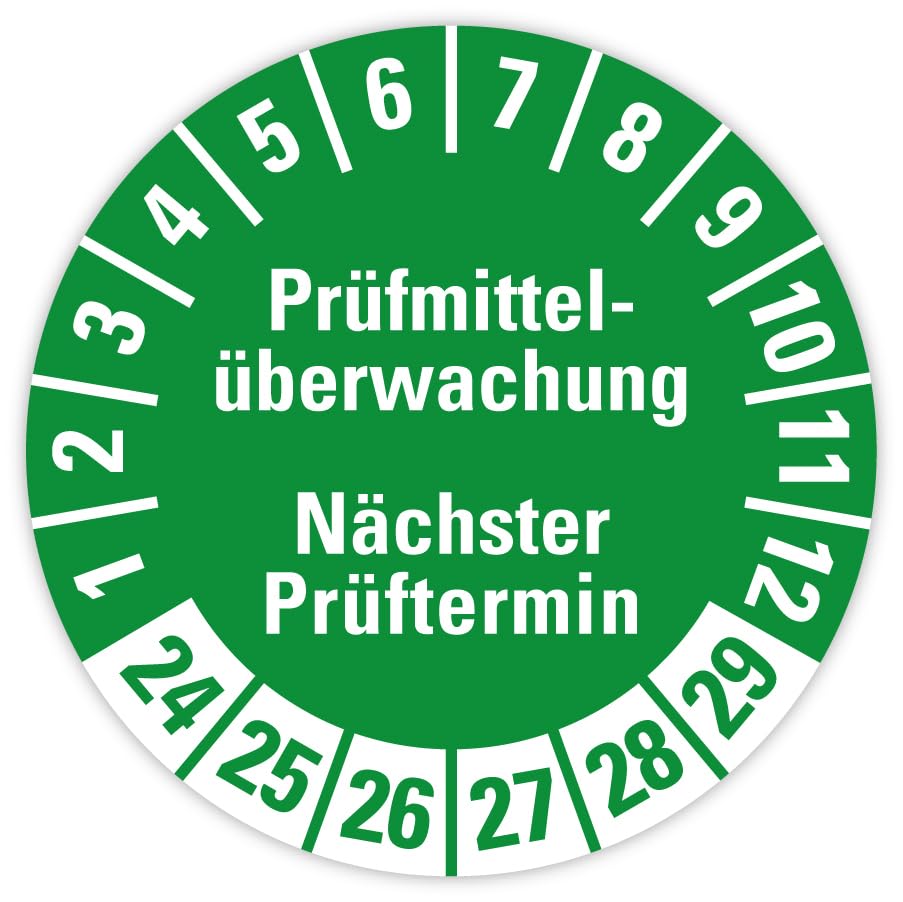 100 Stück - Prüfplakette Etikett „Prüfmittelüberwachung – Nächster Prüftermin | 24-29“ Etikett Folie Aufkleber, grün | Ø20-40mm Made in Germany, Größe: Ø40 mm