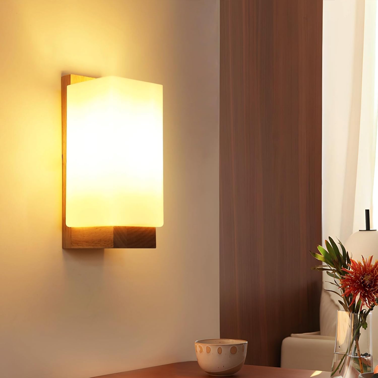Toolight Wall Lamp Indoor Wood Dimmable, Modern 3-Color Temperatu, Retro Wall Lamps Indoor for Bedroom Living Room Hallway 3000K/4500K/6500K (Incl E27 Bulb)