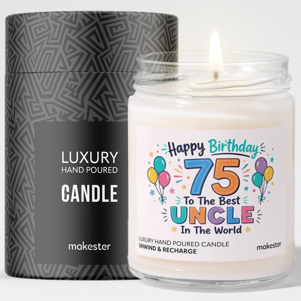 75th Birthday Gift for Uncle - Luxury Soy Wax Candle - Vanilla, Jasmine, Sugared Almond - Makester — image 1