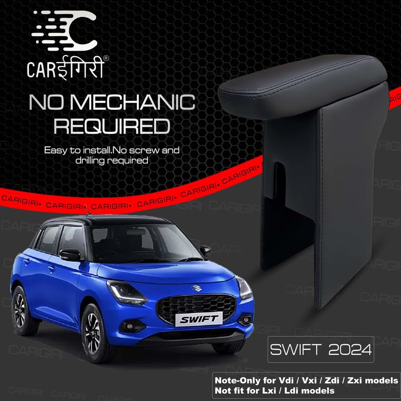 Image of Carigiri Premium Finish Car Armrest with Storage Box And High Density Moulded Foam For Maruti Suzuki Swift (Models-2024,2025)(ONLY FOR ZXI,ZDI /ZXI+ MODELS) (Black Seam,Nappa Leatherette)