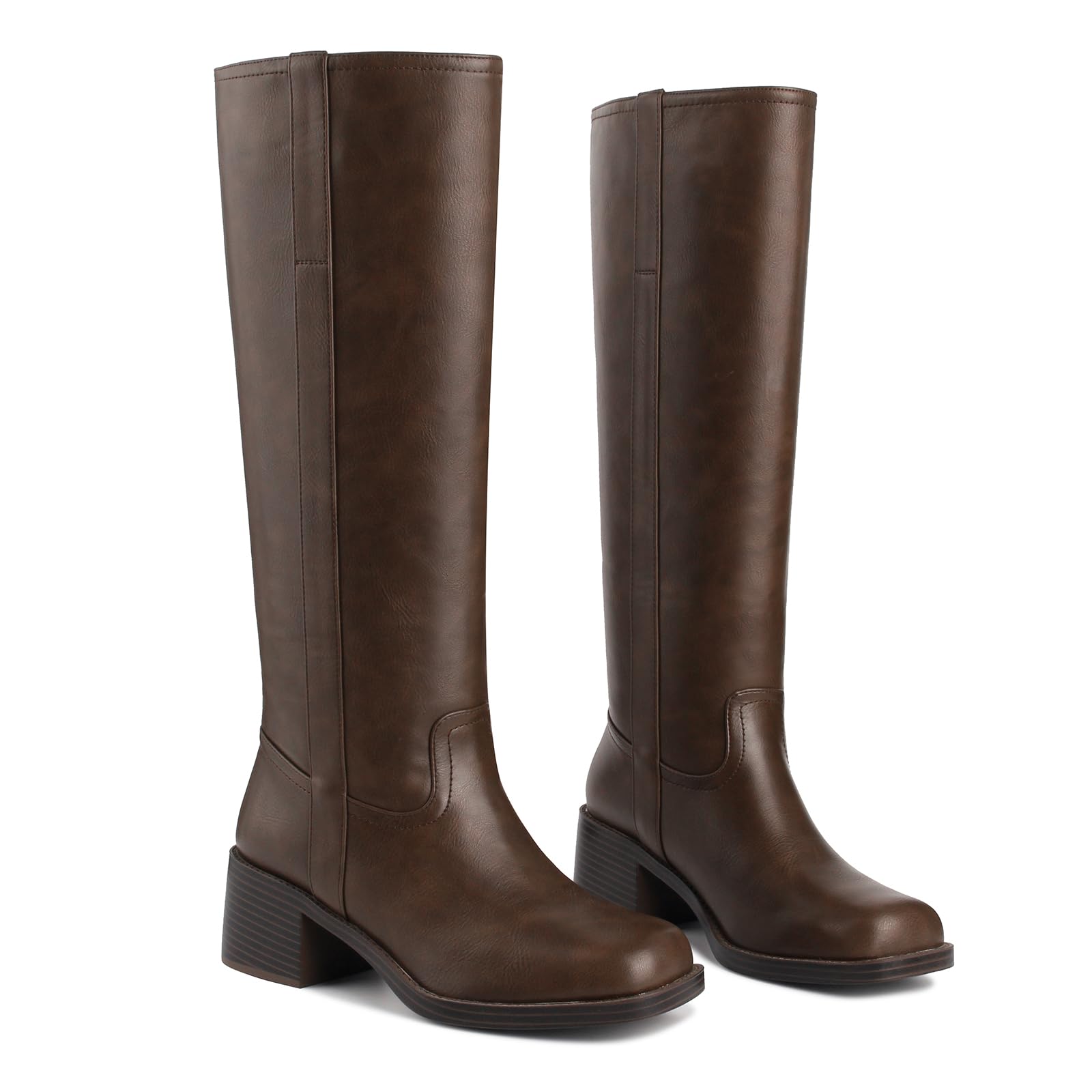Banana Knee High Boots for Women Square Toe Chunky Block Heel Riding Boots Comfortable Low Heel Casual Wide