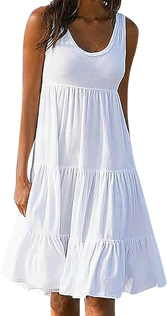 Womens Summer Sun Dresses Tiered Ruffle Sundress Scoop Neck Sleeveless Tank Dress Sexy Casual Flowy Beach