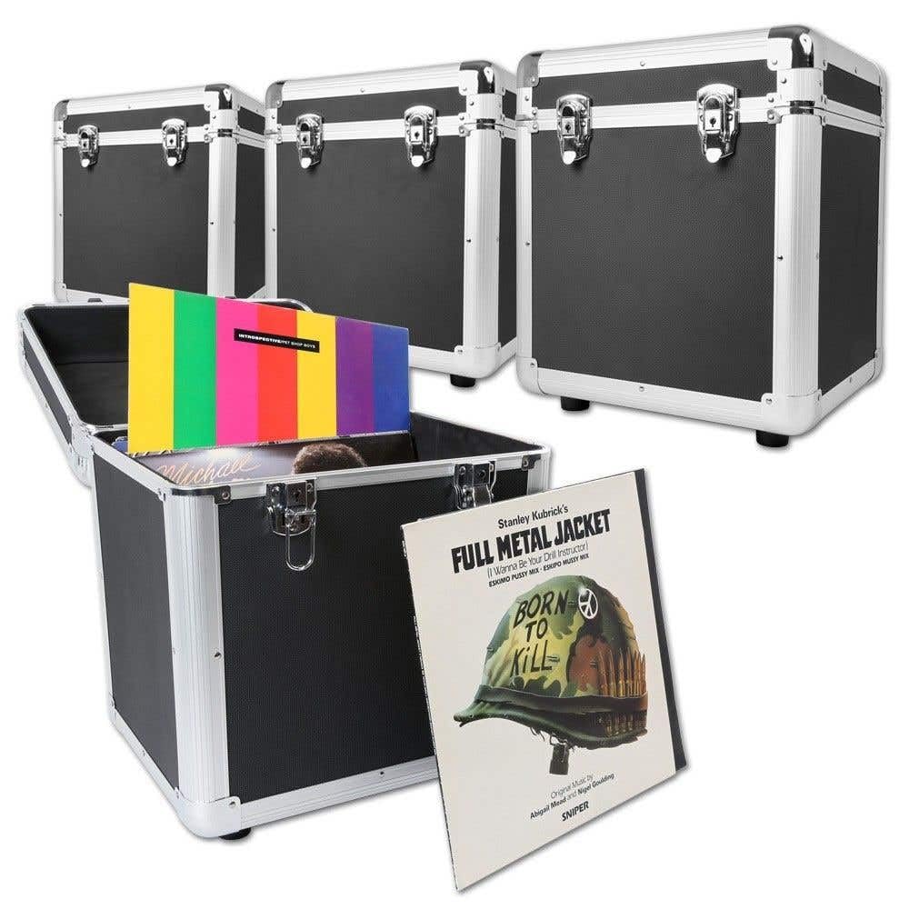 Power Dynamics RC100 Juego 4 Estuches para Vinilos 12" Negros Capacidad +300 LPs Apilables Portátiles con Tapa Extraíble Protección para Coleccionistas y DJs