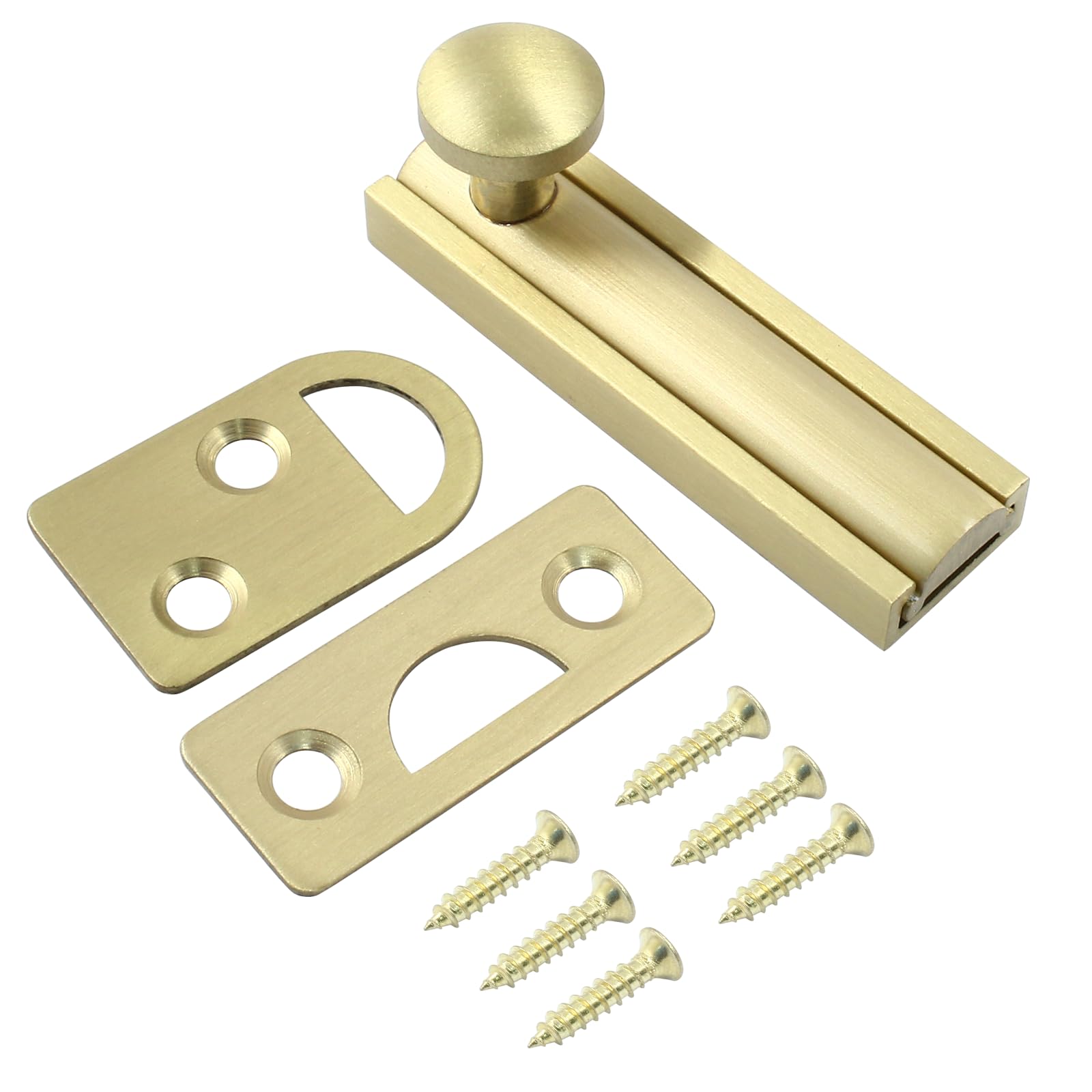 Cionel Brushed Gold Slide Latch Door Lock Bolt, Solid Brass Surface Bolt, Heavy Duty French Door Lock For Recessed Doors, Flush Gates(,3Inch)
