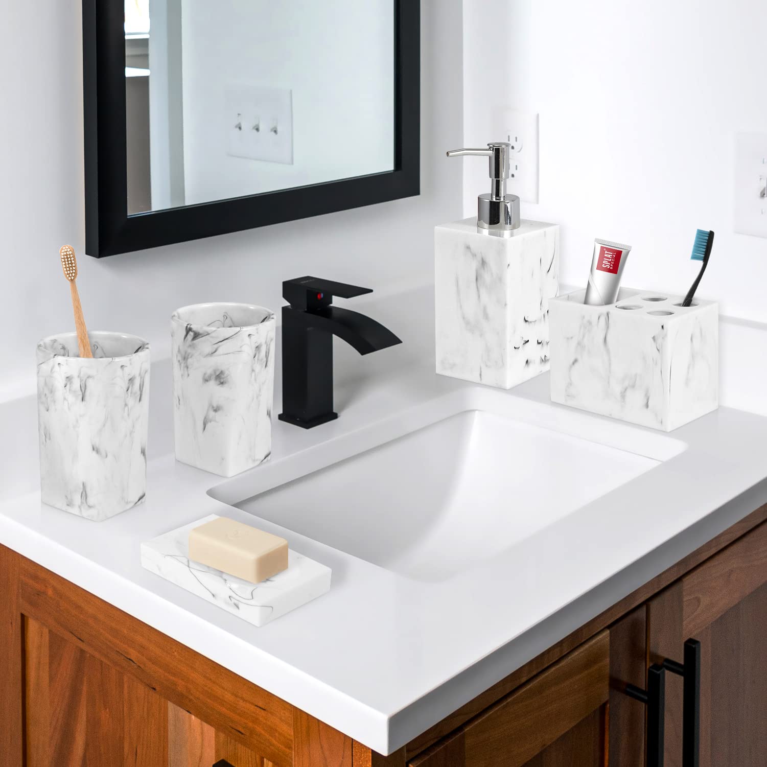 Haturi Bathroom Accessories Set, 5 Pcs Marble Look Bathroom Sets for