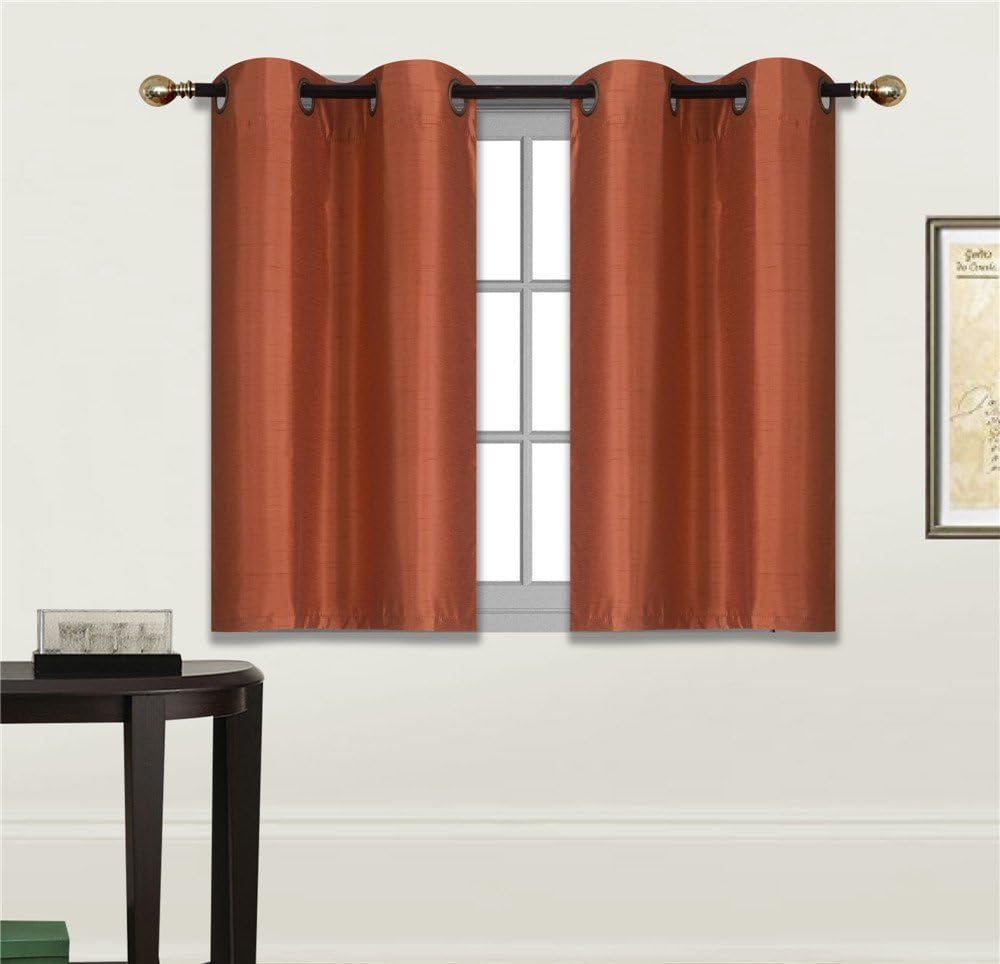 Elegant Home 2 Panels Tiers Grommets Small Window Treatment Curtain Faux Silk Semi Sheer Drape Short Panel 28" W X 36" L Each for Kitchen Bathroom or Any Small Window # N25 (Orange)
