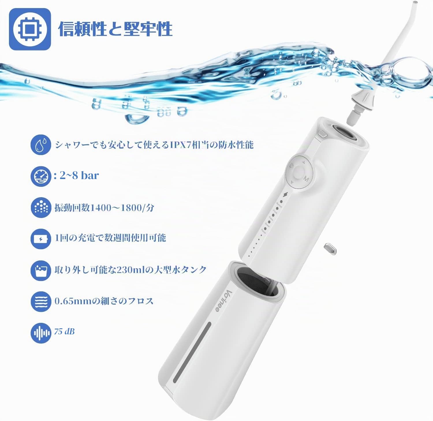 Jet Dentaire Hydropulseur Jet Dentaire Portable 5 Modes 5 Buses de Rechange 6 Pressions Réglables Irrigateur Oral Professionnel Réservoir 230ml IPX7 étanche rechargeable de Voyage Blanc