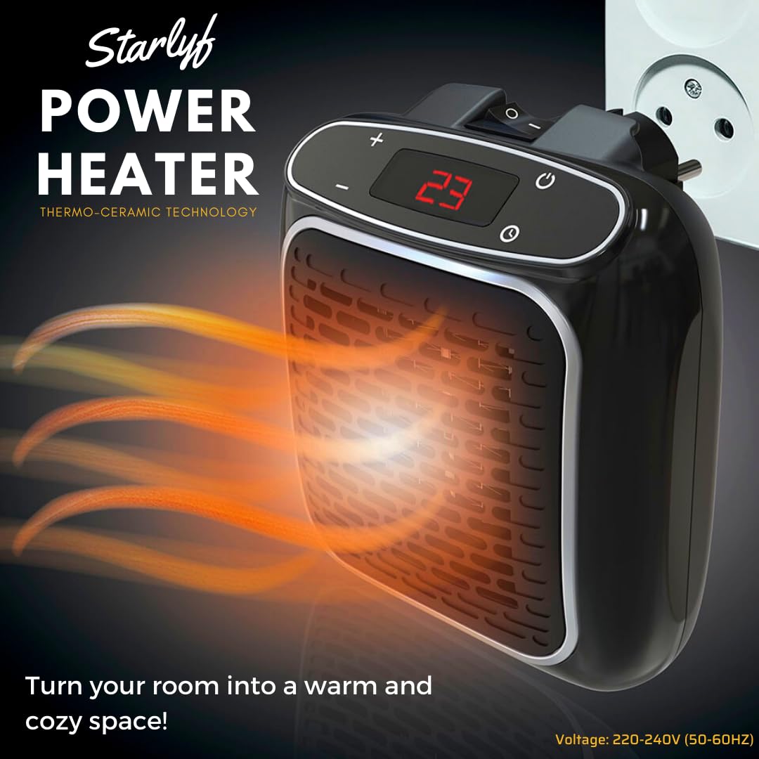 STARLYF Power Heater – elektryczny grzejnik ścienny, 800 W, z technologią termoceramiczną, cyfrowy termostat, timer 12 h, wtyczka obrotowa 270°, cichy i bezpieczny