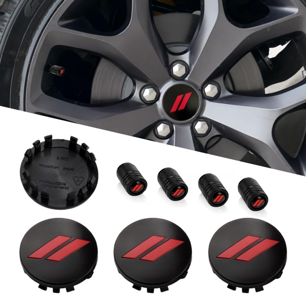 4PCS Wheel Center caps with Same Pattern tire Valve caps Cover Original Vehicle Replacement 2.5in/63mm Compatible with Challenger Charger Durango Accessories and More (Black Red)