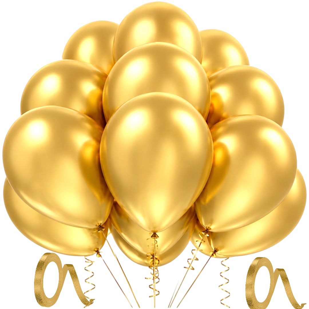 Gold Balloons Pack of 100, 12 Inch Gold Metallic Latex Party Balloons with 2 Ribbons, Premium Thick Helium Quality Balloons for Birthday Wedding Baby Shower Anniversary Graduation & Gold Theme Party