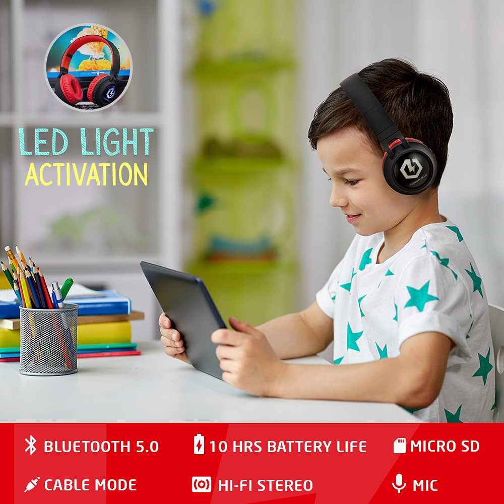 PowerLocus Bezprzewodowe słuchawki Bluetooth dla dzieci, światła LED, bezpieczne ograniczenie głośności 85 dB, składane, tryb micro SD, wbudowany mikrofon liniowy do telefonów, tabletów, laptopów