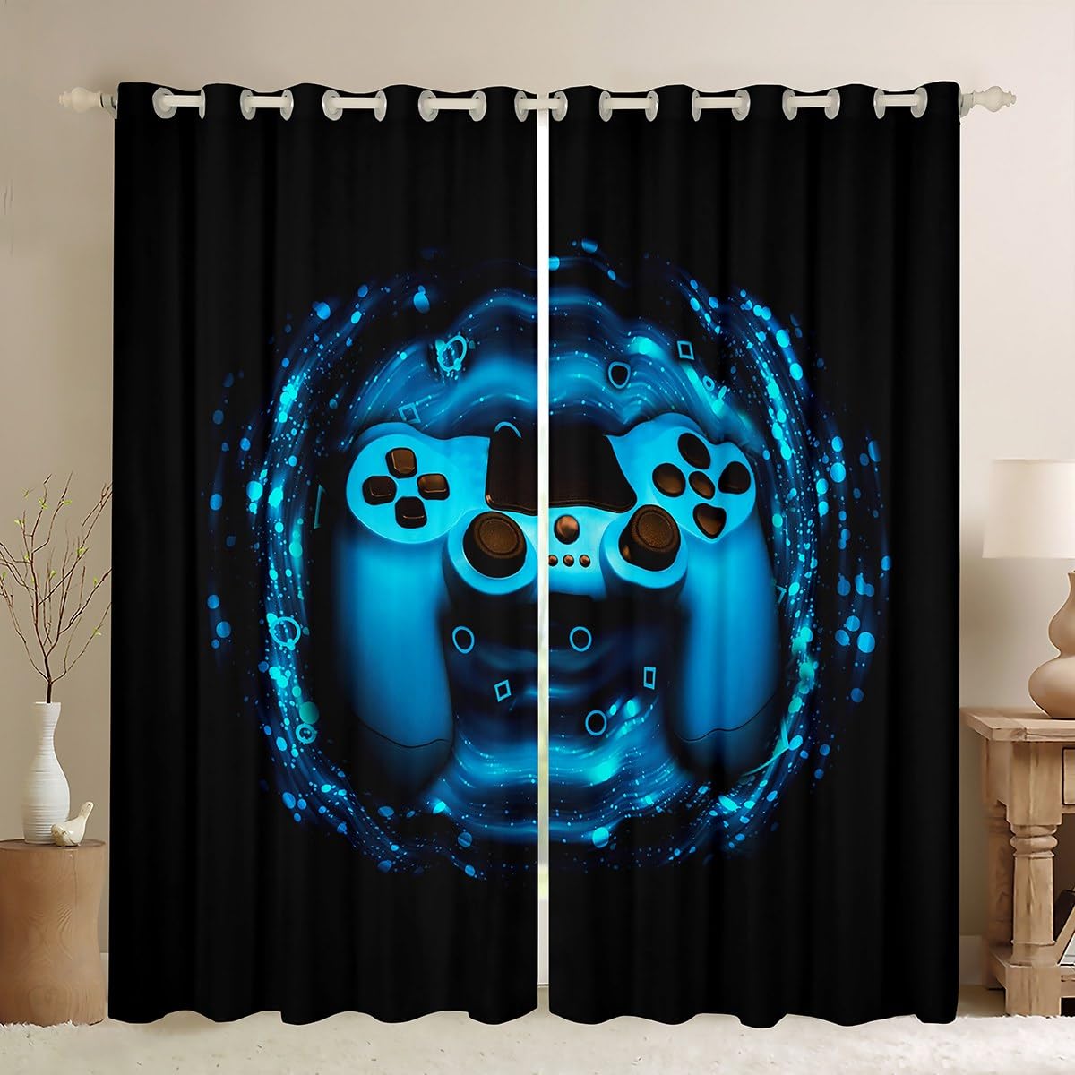 Gamer Curtain for Bedroom Living Room Gaming Room Curtains Kids Boys Video Game Gamepad Window Drapes Geometric Triangle Circle Decor Curtain Blue W66*L72 โ image 1