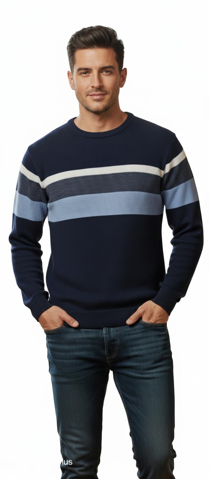 Men's Striped Crew Neck Sweater, Navy Blue with Grey and White Stripes, Knit Pattern-picture-53